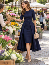 Navy Belted Overlay Pencil Midi Dress
