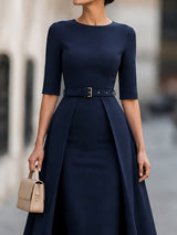Navy Belted Overlay Pencil Midi Dress