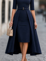 Navy Belted Overlay Pencil Midi Dress