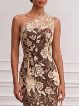 Brown Floral Lace One Shoulder Sleeveless Midi Dress