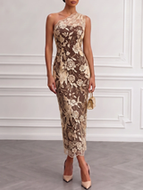 Brown Floral Lace One Shoulder Sleeveless Midi Dress