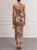 Brown Floral Lace One Shoulder Sleeveless Midi Dress