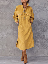Mustard Yellow Faux-suede Midi Dress With Patch Pockets
