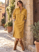 Mustard Yellow Faux-suede Midi Dress With Patch Pockets