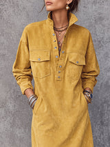 Mustard Yellow Faux-suede Midi Dress With Patch Pockets