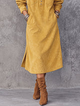 Mustard Yellow Faux-suede Midi Dress With Patch Pockets