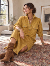Mustard Yellow Faux-suede Midi Dress With Patch Pockets