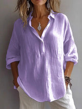 Casual Loose Long Sleeve Linen V-Neck Shirt