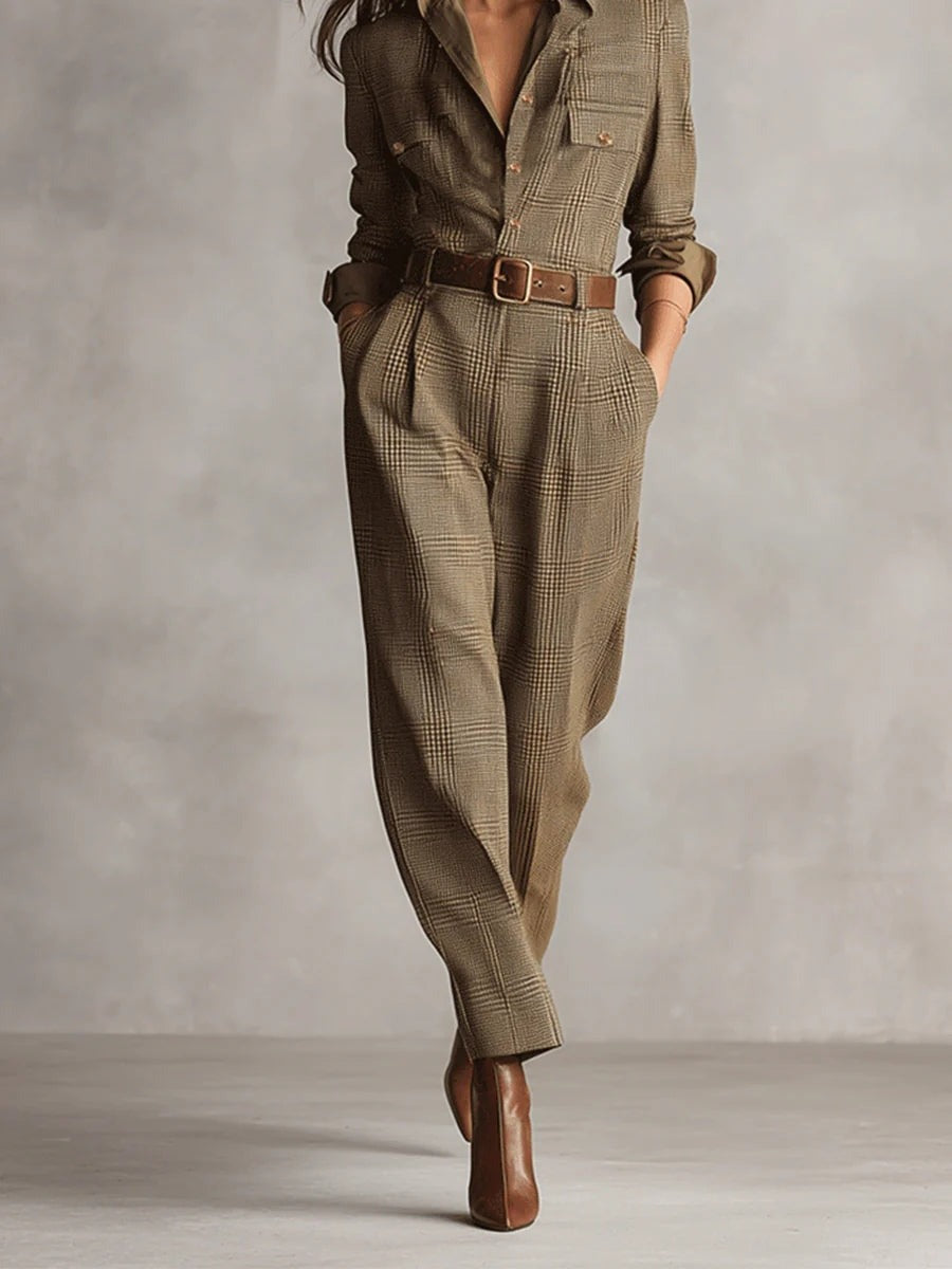 Brown Checked Tweed Jumpsuit
