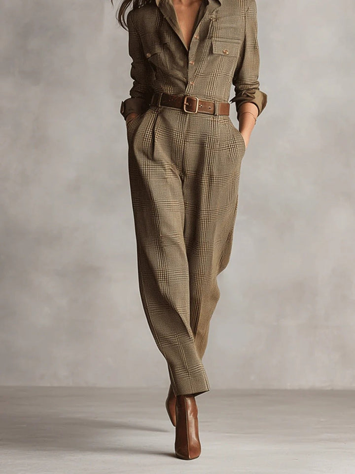 Brown Checked Tweed Jumpsuit
