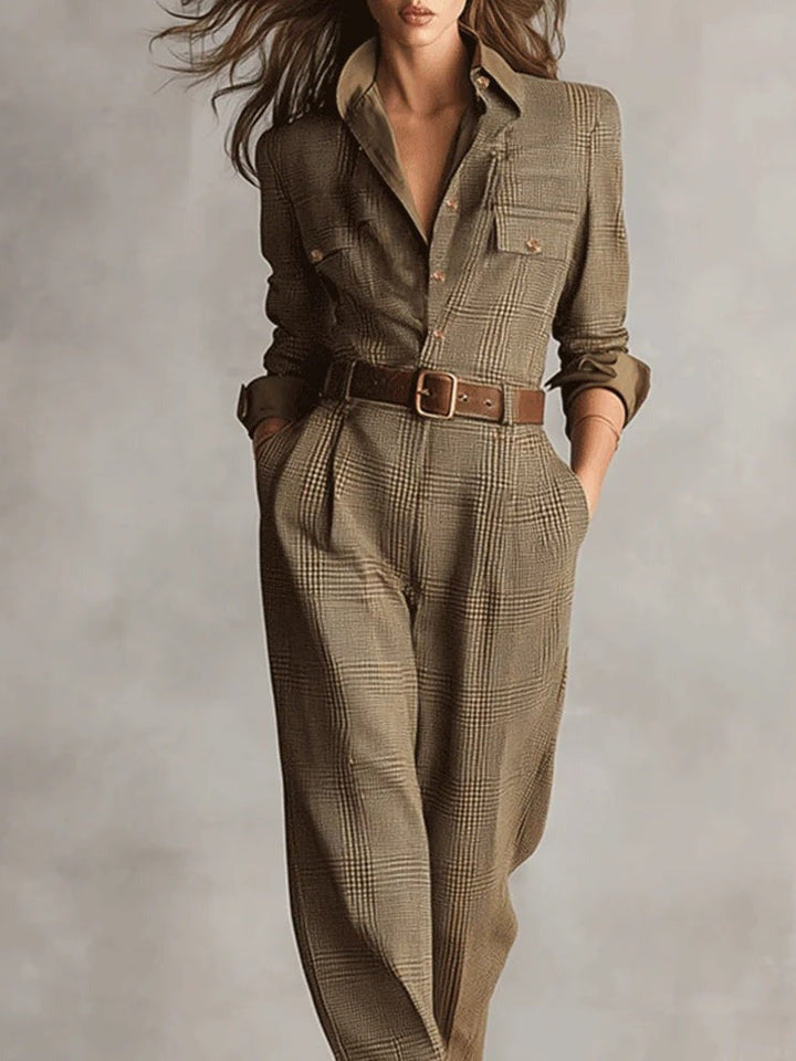 Brown Checked Tweed Jumpsuit