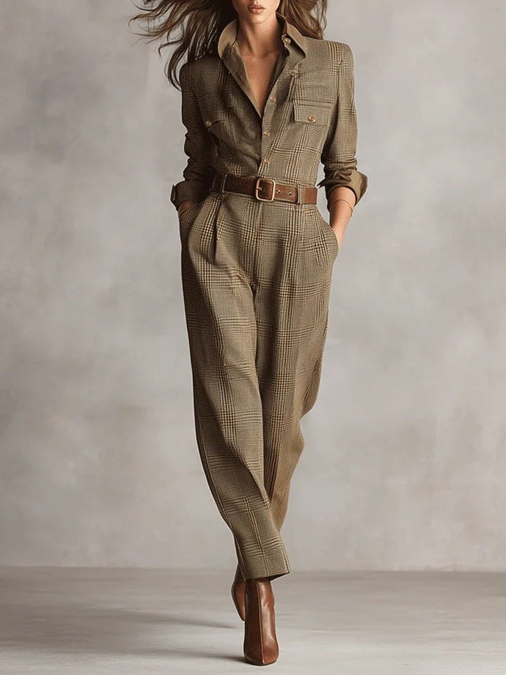 Brown Checked Tweed Jumpsuit