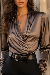 Elegant Solid Color Satin V-neck Long-sleeved Shirt