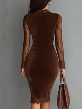 Brown Vintage Keyhole Neckline Lace Sleeve Velvet Mini Dress