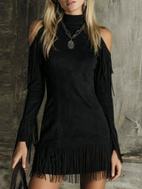 Brown High-neck Off-shoulder Tassel Faux Suede Long-sleeved Mini Dress