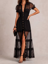 Elena | Robe longue boutonnée à empiècements en dentelle