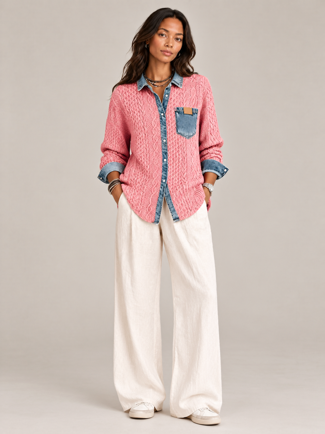 Monica™ | Knit Jacket with Denim Details