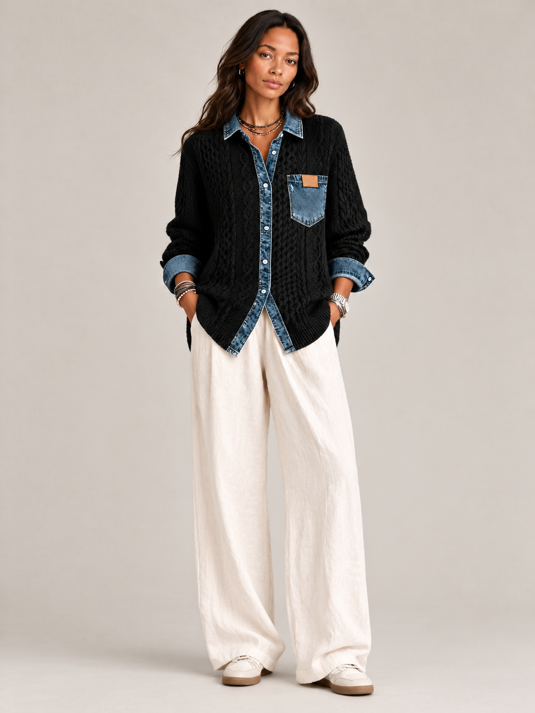 Monica™ | Knit Jacket with Denim Details