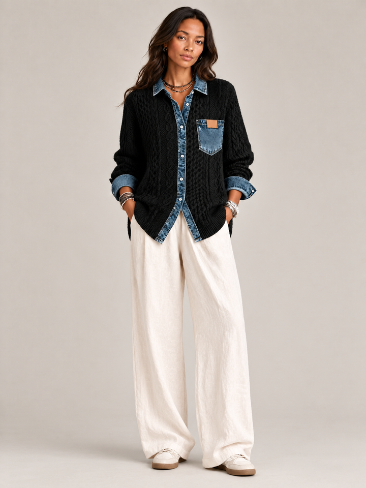 Monica™ | Knit Jacket with Denim Details