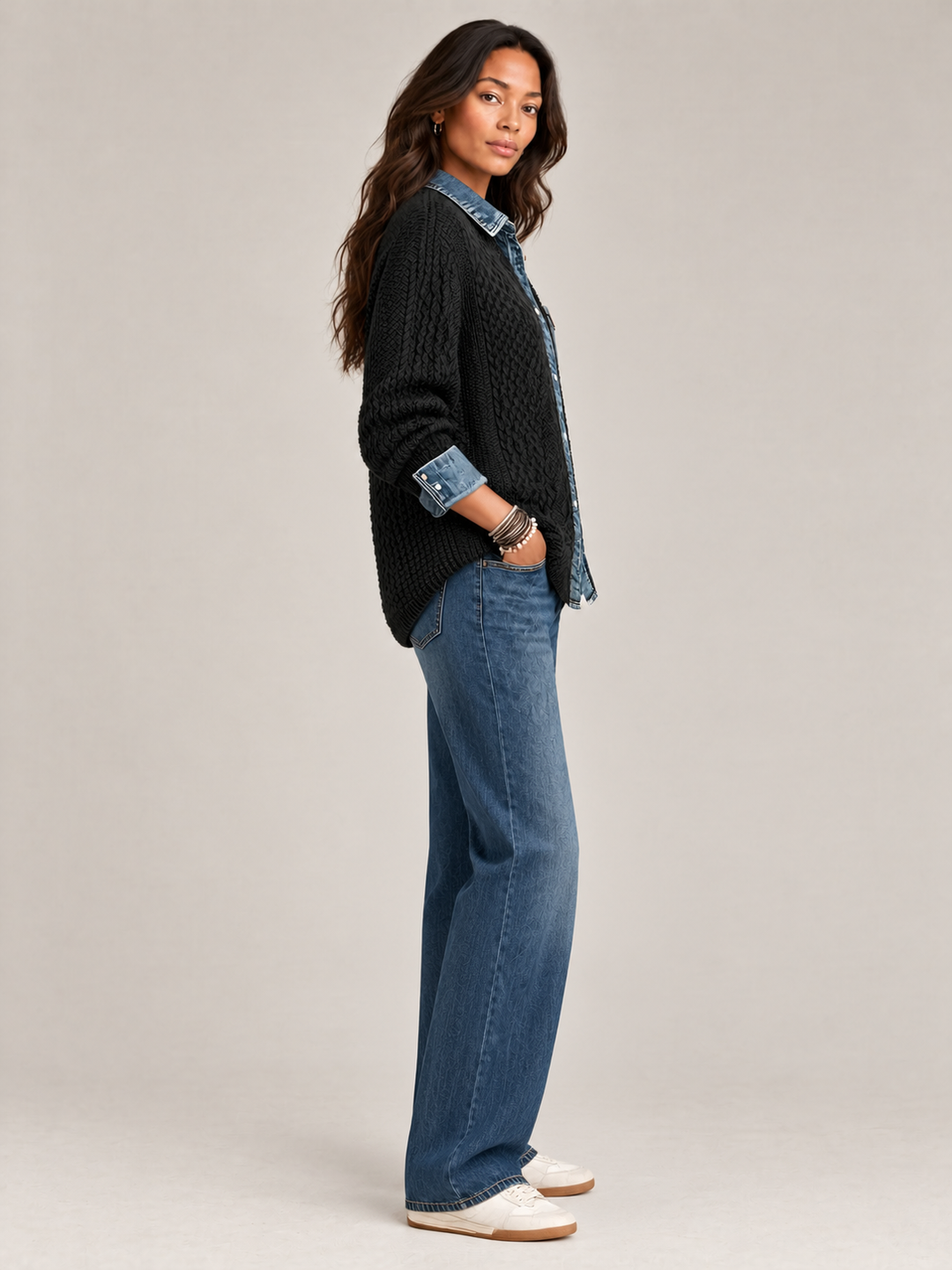 Monica™ | Knit Jacket with Denim Details