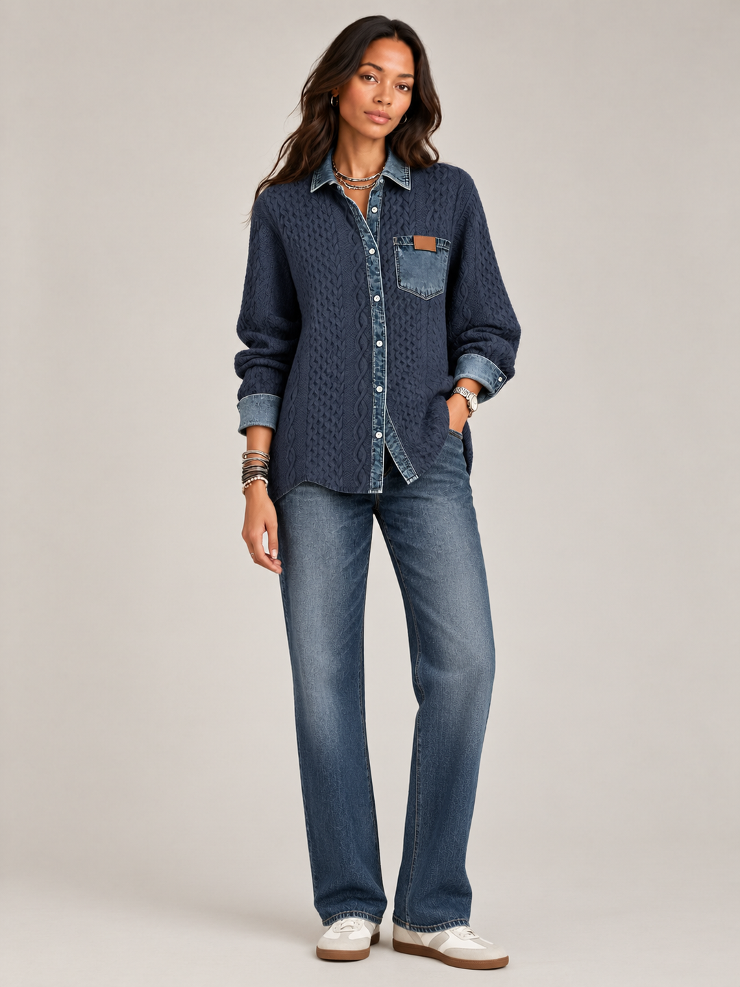 Monica™ | Knit Jacket with Denim Details