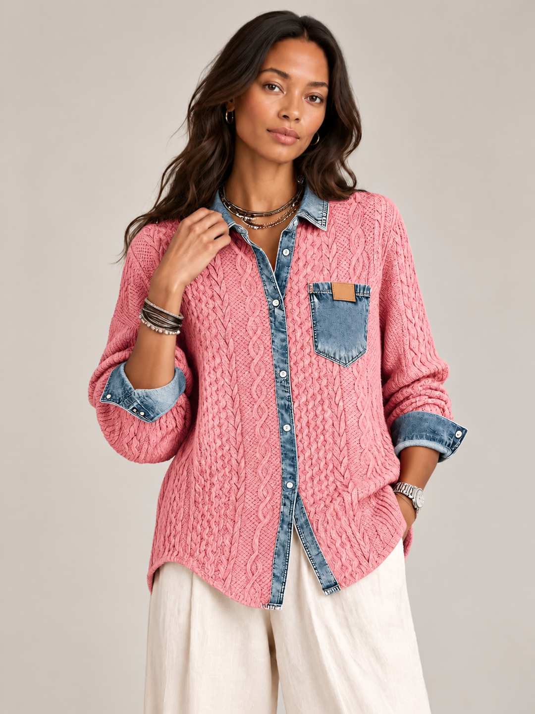 Monica™ | Knit Jacket with Denim Details