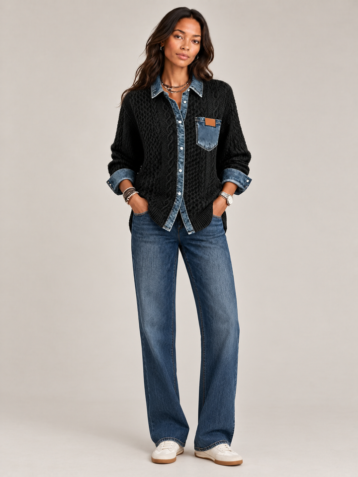 Monica™ | Knit Jacket with Denim Details