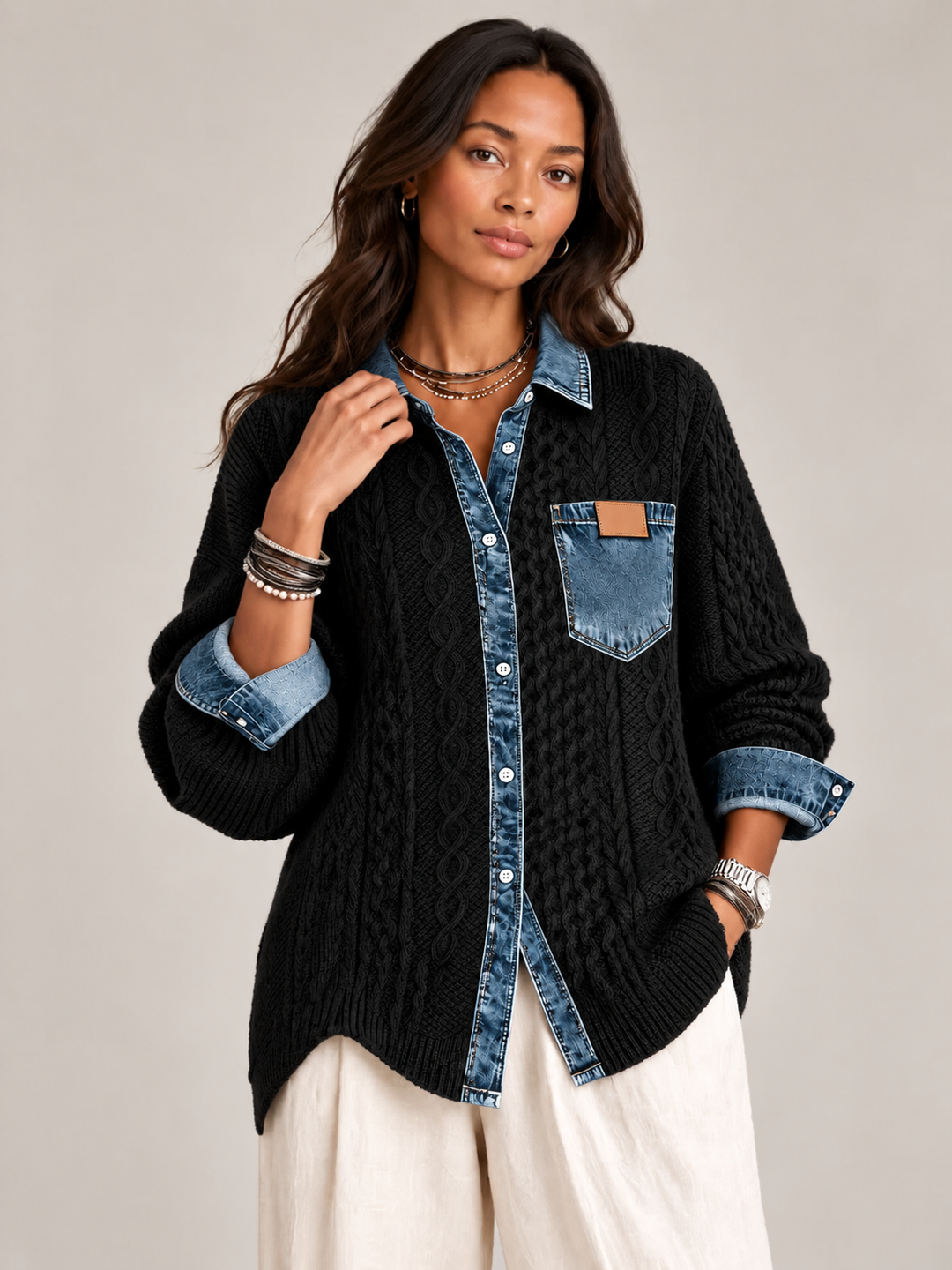 Monica™ | Knit Jacket with Denim Details