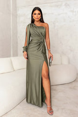 Robe longue femme vert gris sophistiquée pour mariages
