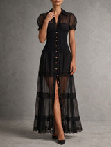 Elena | Robe longue boutonnée à empiècements en dentelle