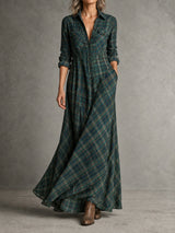 Robe chemise longue à revers à carreaux