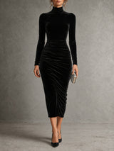 Robe Midi en Velours Noir Élégance – Luxe Intemporel