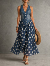 Solène | Robe en jean à jupe mousseline à pois