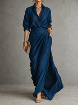 Élégance en mouvement – Ensemble blouse et jupe en satin